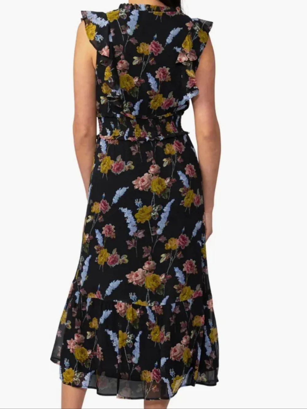 PAIGE Katharina Silk Floral Midi Dress Black Multi Smocked Waist Small‎